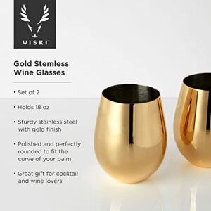 Viski Gold Wine Glasses, Stemless Wine Glass Set, Stainless Steel with Gold Finish, 18 Ounces, Set of 2, Gold