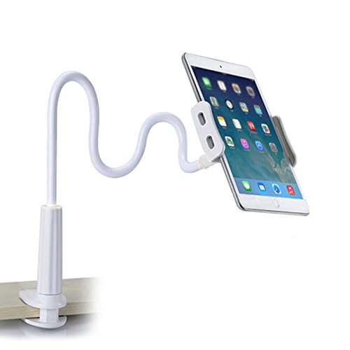 Gooseneck Cell Phone Holder Tablet Stand Holder Gooseneck Tablet Mount Clamp with Grip for Bed Desk Table Flexible Long Arm Lazy Bracket Clip for 3.5 to 7.9 inches Device 360 Degree Rotating (White)