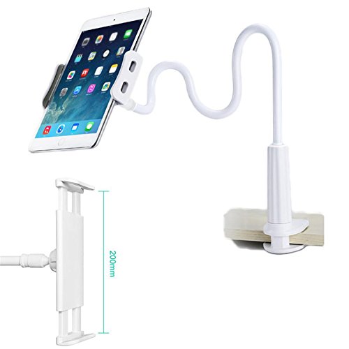 Gooseneck Cell Phone Holder Tablet Stand Holder Gooseneck Tablet Mount Clamp with Grip for Bed Desk Table Flexible Long Arm Lazy Bracket Clip for 3.5 to 7.9 inches Device 360 Degree Rotating (White)