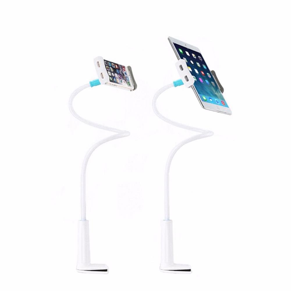 Gooseneck Cell Phone Holder Tablet Stand Holder Gooseneck Tablet Mount Clamp with Grip for Bed Desk Table Flexible Long Arm Lazy Bracket Clip for 3.5 to 7.9 inches Device 360 Degree Rotating (White)