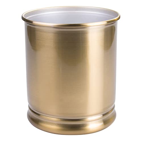 mDesign Steel Stylish Round Trash Can, Wastebasket Storage Container Bin - for Bathroom, Bedroom, Powder Room, Kitchen, Home Office - Holds Garbage, Waste, Trash - Soft Brass