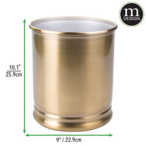 mDesign Steel Stylish Round Trash Can, Wastebasket Storage Container Bin - for Bathroom, Bedroom, Powder Room, Kitchen, Home Office - Holds Garbage, Waste, Trash - Soft Brass