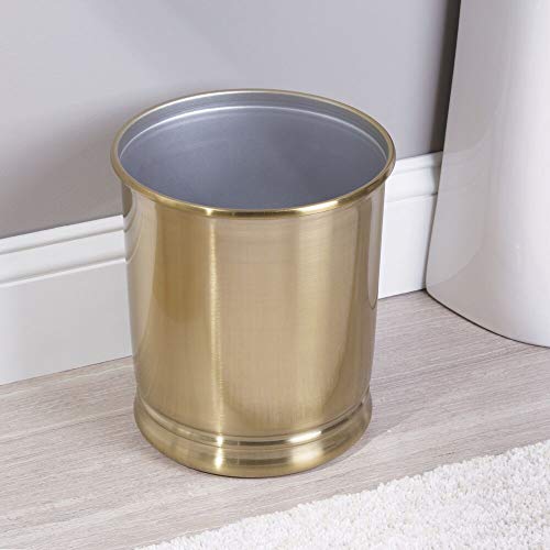 mDesign Steel Stylish Round Trash Can, Wastebasket Storage Container Bin - for Bathroom, Bedroom, Powder Room, Kitchen, Home Office - Holds Garbage, Waste, Trash - Soft Brass