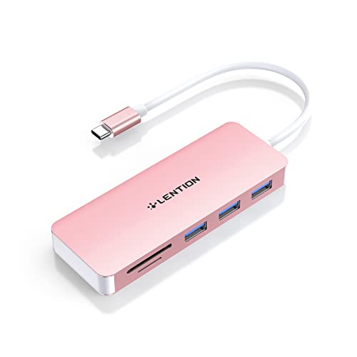 LENTION USB C Hub with 3 USB 3.0 & SD/Micro SD Card Reader Compatible 2022-2016 MacBook Pro, New Mac Air/iPad Pro/Surface, More, Stable Driver Certified Type C Adapter (CB-C15, Rose Gold)