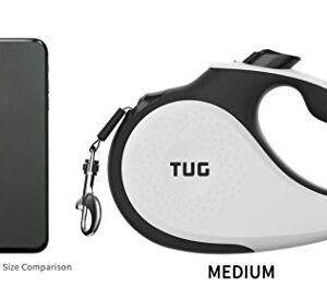 TUG 360° Tangle-Free Retractable Dog Leash | 16 ft Strong Nylon Tape | One-Handed Brake, Pause, Lock (Medium, White)