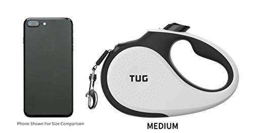 TUG 360° Tangle-Free Retractable Dog Leash | 16 ft Strong Nylon Tape | One-Handed Brake, Pause, Lock (Medium, White)