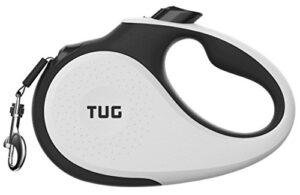 tug 360° tangle-free retractable dog leash | 16 ft strong nylon tape | one-handed brake, pause, lock (medium, white)