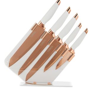 TOWER Damascus Effect Kitchen Knife Set with Stainless Steel Blades and Acrylic Stand, 5 Piece, Rose Gold/White