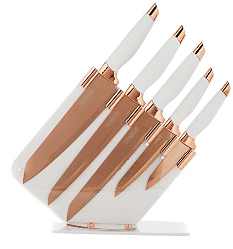 TOWER Damascus Effect Kitchen Knife Set with Stainless Steel Blades and Acrylic Stand, 5 Piece, Rose Gold/White