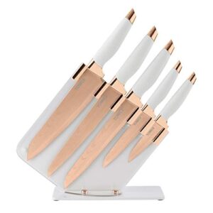 TOWER Damascus Effect Kitchen Knife Set with Stainless Steel Blades and Acrylic Stand, 5 Piece, Rose Gold/White