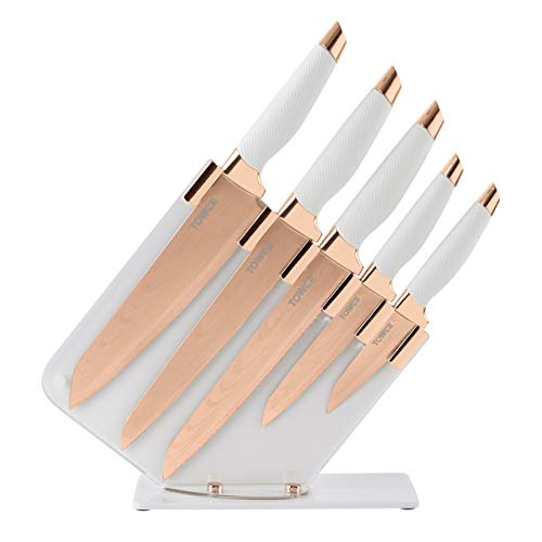 TOWER Damascus Effect Kitchen Knife Set with Stainless Steel Blades and Acrylic Stand, 5 Piece, Rose Gold/White