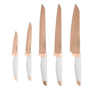 TOWER Damascus Effect Kitchen Knife Set with Stainless Steel Blades and Acrylic Stand, 5 Piece, Rose Gold/White