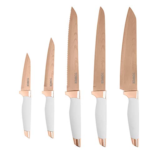 TOWER Damascus Effect Kitchen Knife Set with Stainless Steel Blades and Acrylic Stand, 5 Piece, Rose Gold/White