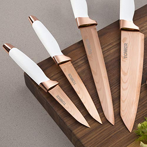 TOWER Damascus Effect Kitchen Knife Set with Stainless Steel Blades and Acrylic Stand, 5 Piece, Rose Gold/White