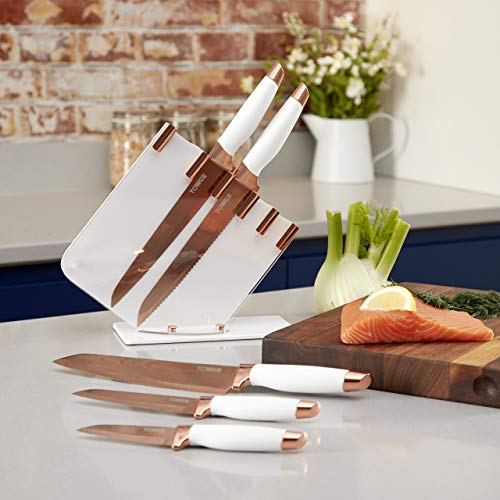 TOWER Damascus Effect Kitchen Knife Set with Stainless Steel Blades and Acrylic Stand, 5 Piece, Rose Gold/White