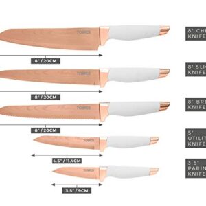 TOWER Damascus Effect Kitchen Knife Set with Stainless Steel Blades and Acrylic Stand, 5 Piece, Rose Gold/White