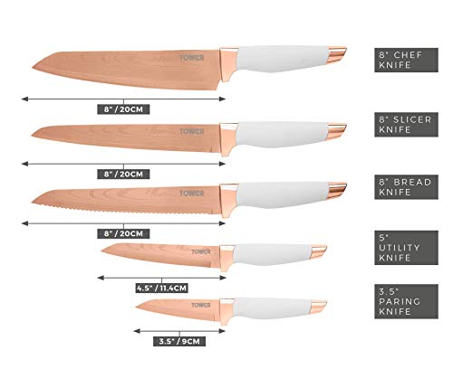 TOWER Damascus Effect Kitchen Knife Set with Stainless Steel Blades and Acrylic Stand, 5 Piece, Rose Gold/White