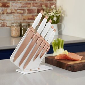 TOWER Damascus Effect Kitchen Knife Set with Stainless Steel Blades and Acrylic Stand, 5 Piece, Rose Gold/White