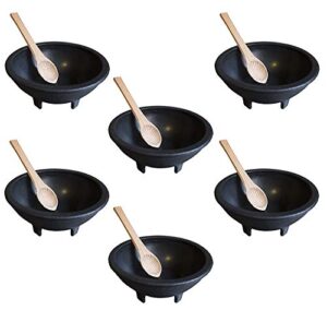 6 pack of salsa chip and dip snack bowls combo- with wooden spoons - salsa bowls, black plastic mexican molcajete chips guacamole, serving dish, sauce cup, side dish, snack great to use at any event