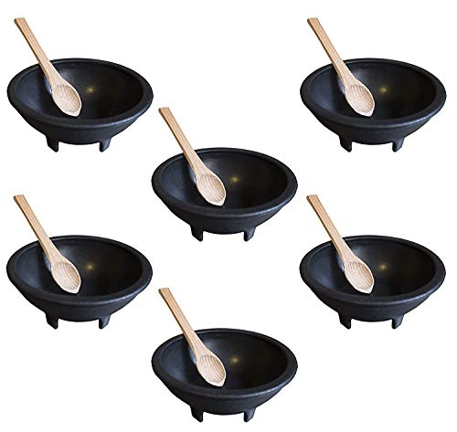 6 Pack of Salsa Chip and Dip Snack Bowls Combo- With Wooden Spoons - Salsa Bowls, Black Plastic Mexican Molcajete Chips Guacamole, Serving Dish, Sauce Cup, Side dish, Snack Great to use at any Event