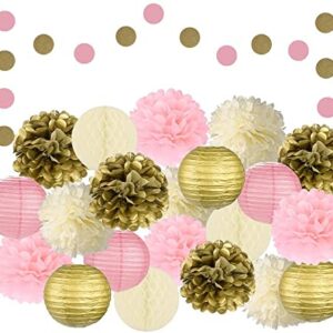 EpiqueOne 22-Piece Tissue Paper Pom Poms and Paper Lantern Party Kit - Add a Splash of Pink, Gold, & Ivory to Your Celebrations! Perfect for Birthdays, Bridal Showers, Baby Showers, Weddings & More