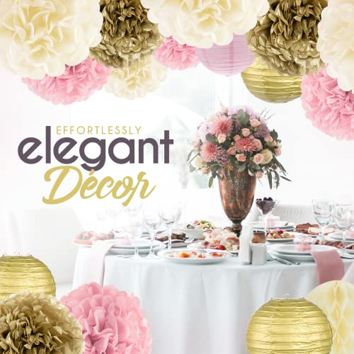 EpiqueOne 22-Piece Tissue Paper Pom Poms and Paper Lantern Party Kit - Add a Splash of Pink, Gold, & Ivory to Your Celebrations! Perfect for Birthdays, Bridal Showers, Baby Showers, Weddings & More