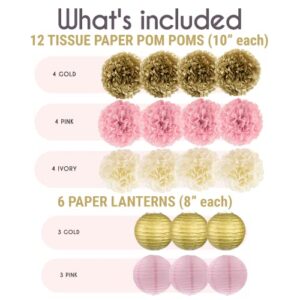 EpiqueOne 22-Piece Tissue Paper Pom Poms and Paper Lantern Party Kit - Add a Splash of Pink, Gold, & Ivory to Your Celebrations! Perfect for Birthdays, Bridal Showers, Baby Showers, Weddings & More