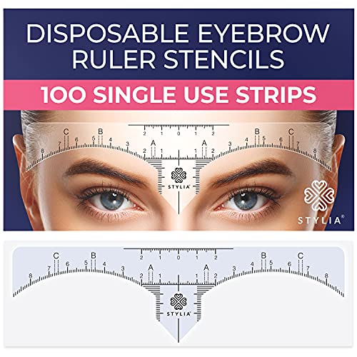 Disposable Eyebrow Ruler Stencils - Transparent Mapping Stickers for Microblading, Henna, Brow Extensions, Permanent Makeup - Peel & Stick Measuring Shaper Tool for All Face Shapes - 100-Pack