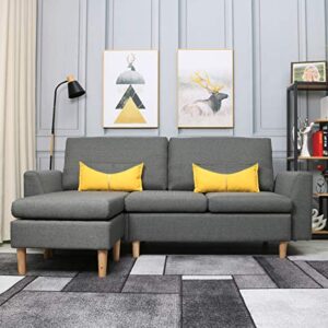 best-living furniture modern linen fabric l-shaped small space sectional sofa with stool, reversible chaise, in grey