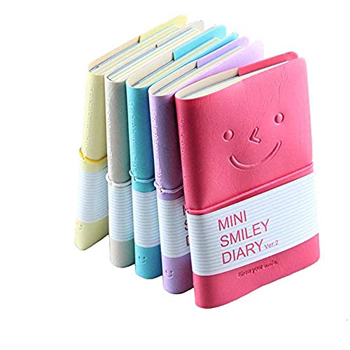 CRIVERS 5pc Portable mini smiley diary paper notebook, memo, leather case, 100 Sheets (Random Color)