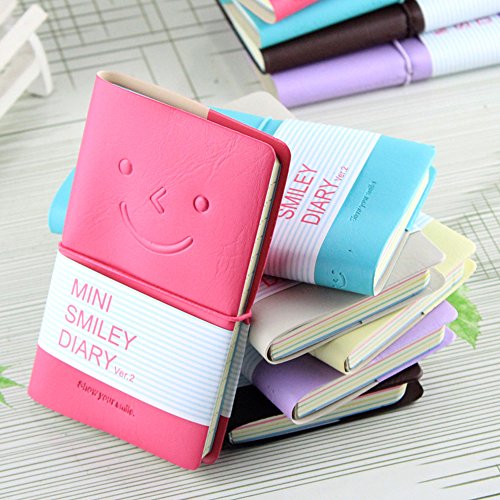 CRIVERS 5pc Portable mini smiley diary paper notebook, memo, leather case, 100 Sheets (Random Color)