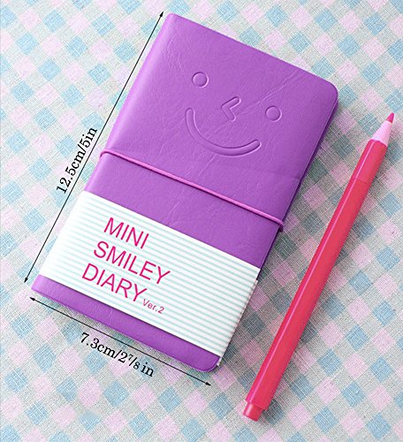 CRIVERS 5pc Portable mini smiley diary paper notebook, memo, leather case, 100 Sheets (Random Color)