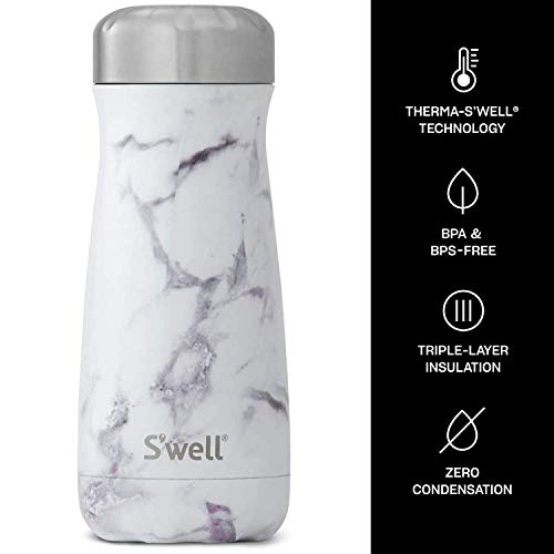 S'well Stainless Steel Traveler - 16 Fl Oz - White Marble - Triple-Layered Vacuum-Insulated Travel Mug Keeps Coffee, Tea and Drinks Cold for 24 Hours and Hot for 12 - BPA-Free Water Bottle