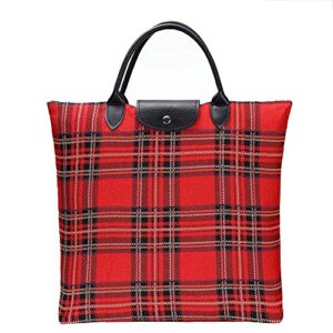 signare tapestry foldable tote bag reusable shopping bag grocery bag with red royal stewart tartan design (fdaw-rstt)