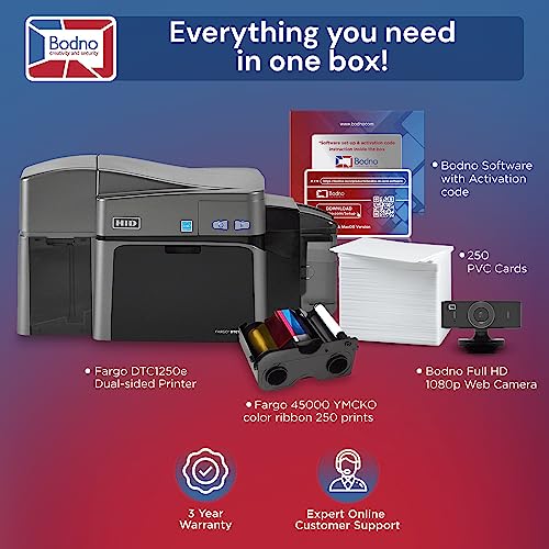 Fargo DTC1250e Dual Sided ID Card Printer & Complete Supplies Package with Silver Edition Bodno Software