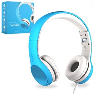 lilgadgets connect+ style wired headphones for kids for school with shareport® technology, child-friendly foldable on-ear headset with built-in microphone, kids headphones wired, blue