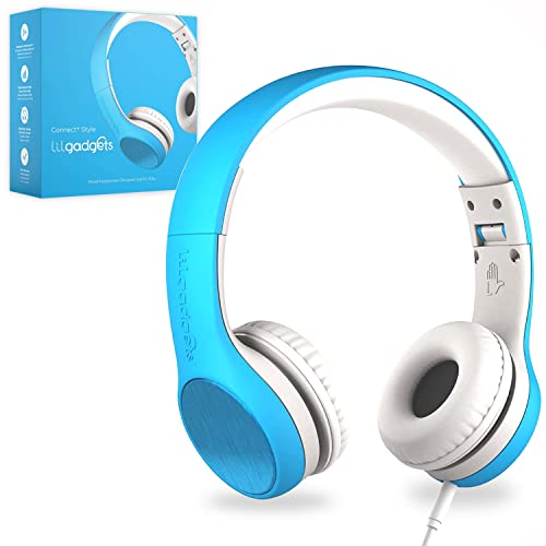 LilGadgets Connect+ Style Wired Headphones for Kids for School with SharePort® Technology, Child-Friendly Foldable On-Ear Headset with Built-in Microphone, Kids Headphones Wired, Blue