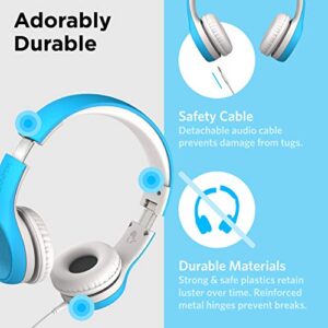 LilGadgets Connect+ Style Wired Headphones for Kids for School with SharePort® Technology, Child-Friendly Foldable On-Ear Headset with Built-in Microphone, Kids Headphones Wired, Blue