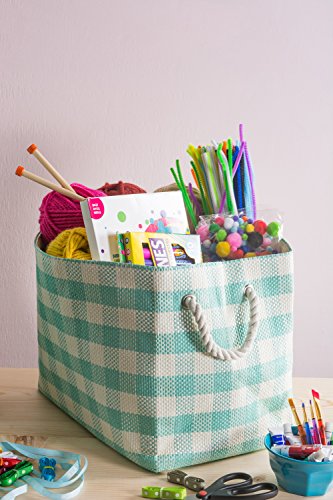 DII Woven Paper Storage Bin, Checkers, Aqua, Medium Rectangle