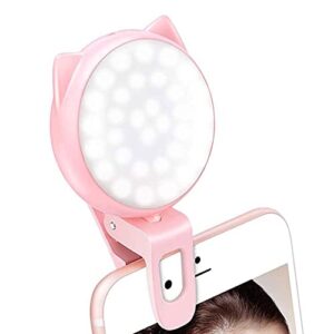 ourry selfie clip on ring light, mini rechargeable 9 level adjustable brightness light with 32 led, 2-8 hours, usb flash lighting for iphone/android cell phone photography,video, vlogging - pink