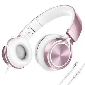 ailihen ms300 wired headphones with microphone for chromebook laptop computer, 3.5mm foldable kids headphones for school teens girls (rose gold)