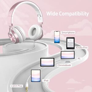 AILIHEN MS300 Wired Headphones with Microphone for Chromebook Laptop Computer, 3.5mm Foldable Kids Headphones for School Teens Girls (Rose Gold)