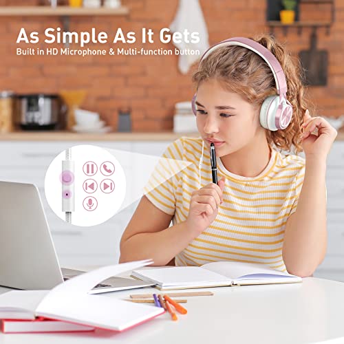 AILIHEN MS300 Wired Headphones with Microphone for Chromebook Laptop Computer, 3.5mm Foldable Kids Headphones for School Teens Girls (Rose Gold)