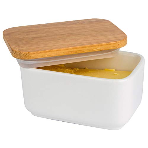 Arswin Porcelain Butter Dish with Lid,Ceramic Butter Dish with Bamboo Lip,Butter Keeper Container with Cover for Countertop or Refrigerator,Heat Resistant Kitchen Butter Storage Dish,White (300ml)