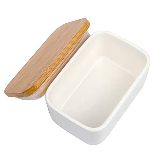 Arswin Porcelain Butter Dish with Lid,Ceramic Butter Dish with Bamboo Lip,Butter Keeper Container with Cover for Countertop or Refrigerator,Heat Resistant Kitchen Butter Storage Dish,White (300ml)