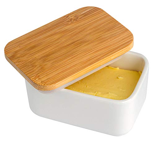 Arswin Porcelain Butter Dish with Lid,Ceramic Butter Dish with Bamboo Lip,Butter Keeper Container with Cover for Countertop or Refrigerator,Heat Resistant Kitchen Butter Storage Dish,White (300ml)