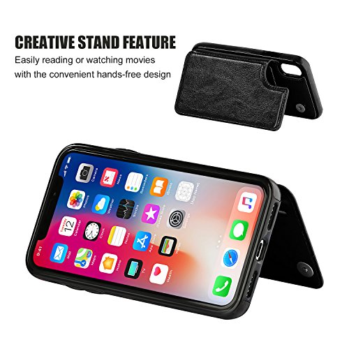 iPhone Xs iPhone X Wallet Case with Card Holder,OT ONETOP Premium PU Leather Kickstand Card Slots Case,Double Magnetic Clasp and Durable Shockproof Cover(Black)