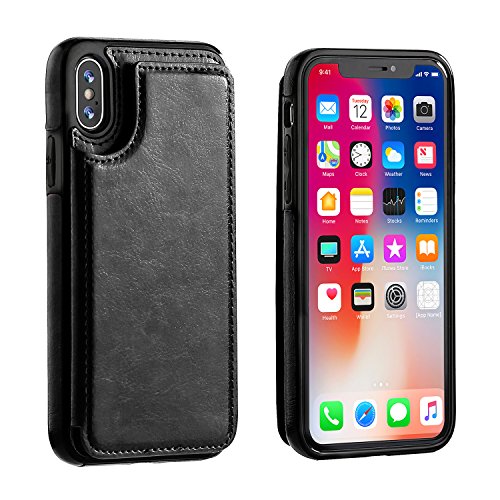 iPhone Xs iPhone X Wallet Case with Card Holder,OT ONETOP Premium PU Leather Kickstand Card Slots Case,Double Magnetic Clasp and Durable Shockproof Cover(Black)