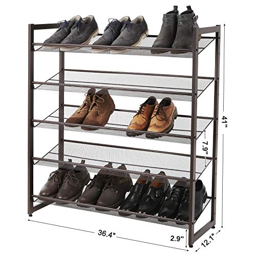 SONGMICS Shoe Rack, 5-Tier Stackable Shoe Storage Shelf, Metal Mesh, Flat or Angled Shoe Organizer Rack for 20 to 25 Pairs of Shoes, Short Boots, High Heels, Bronze