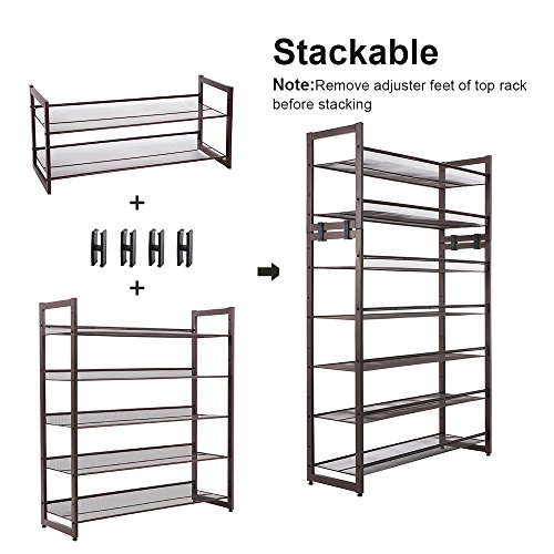 SONGMICS Shoe Rack, 5-Tier Stackable Shoe Storage Shelf, Metal Mesh, Flat or Angled Shoe Organizer Rack for 20 to 25 Pairs of Shoes, Short Boots, High Heels, Bronze